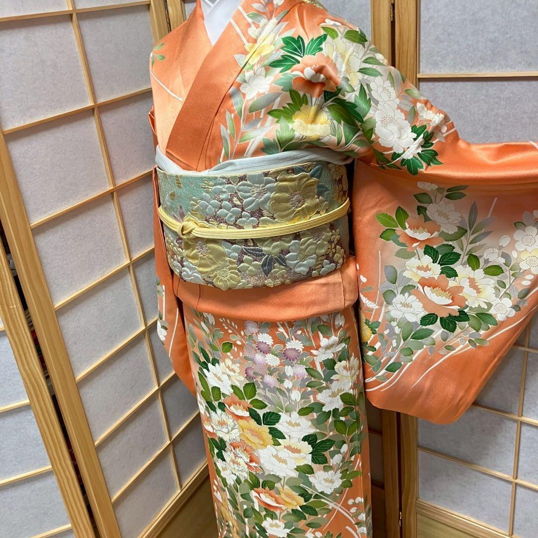 ［4349］訪問着 草花文様 駒刺繍 ぼかし 銀彩 正絹 着物 袷