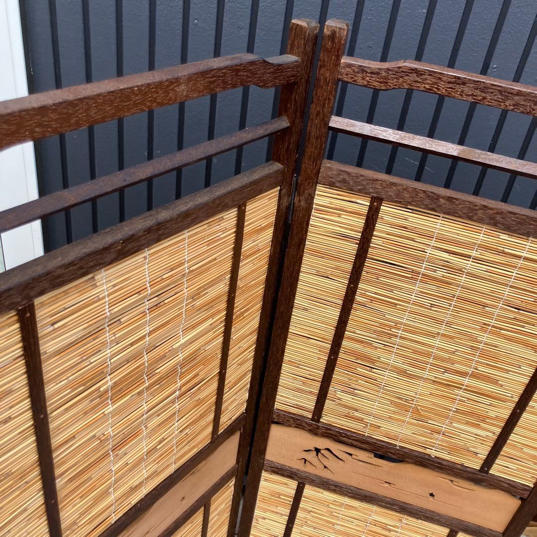 昭和レトロ 和モダン 装飾彫り 木製 4連パーテーション 間仕切り 衝立 屏風