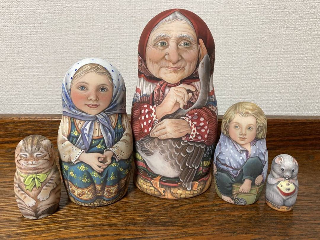 ロシア雑貨☆民話『ガチョウ白鳥』おとぎ話マトリョーシカ(5P)鵞鳥白鳥 リダ工房