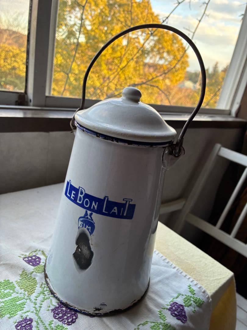 フランス　アンティーク ホーロー ミルク　ポット　キャリー 缶　Maggi青文字