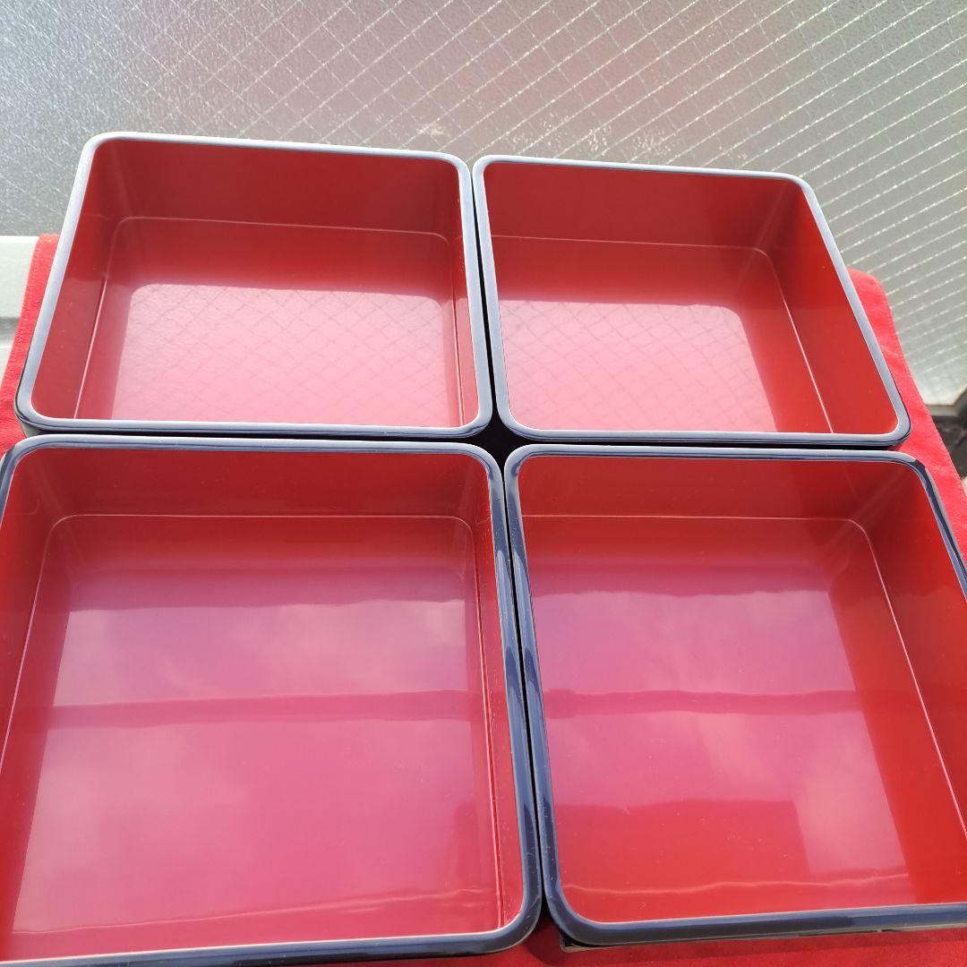 【輪島塗　6.5寸\"四段重箱】布着本堅地　黒内朱色　隅丸　未使用品