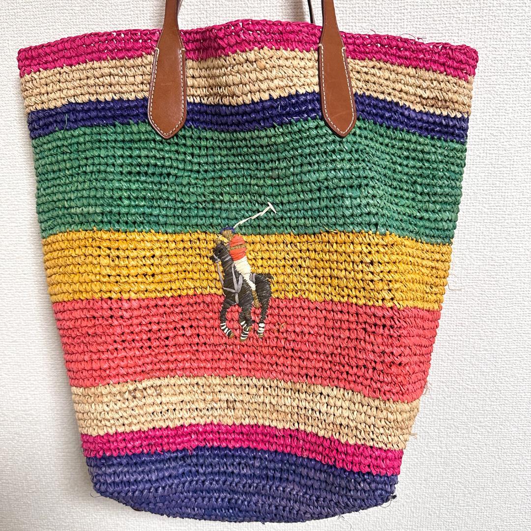 ポロラルフローレン ビッグポニー ラフィアトートバッグ かごバッグ マルチカラー