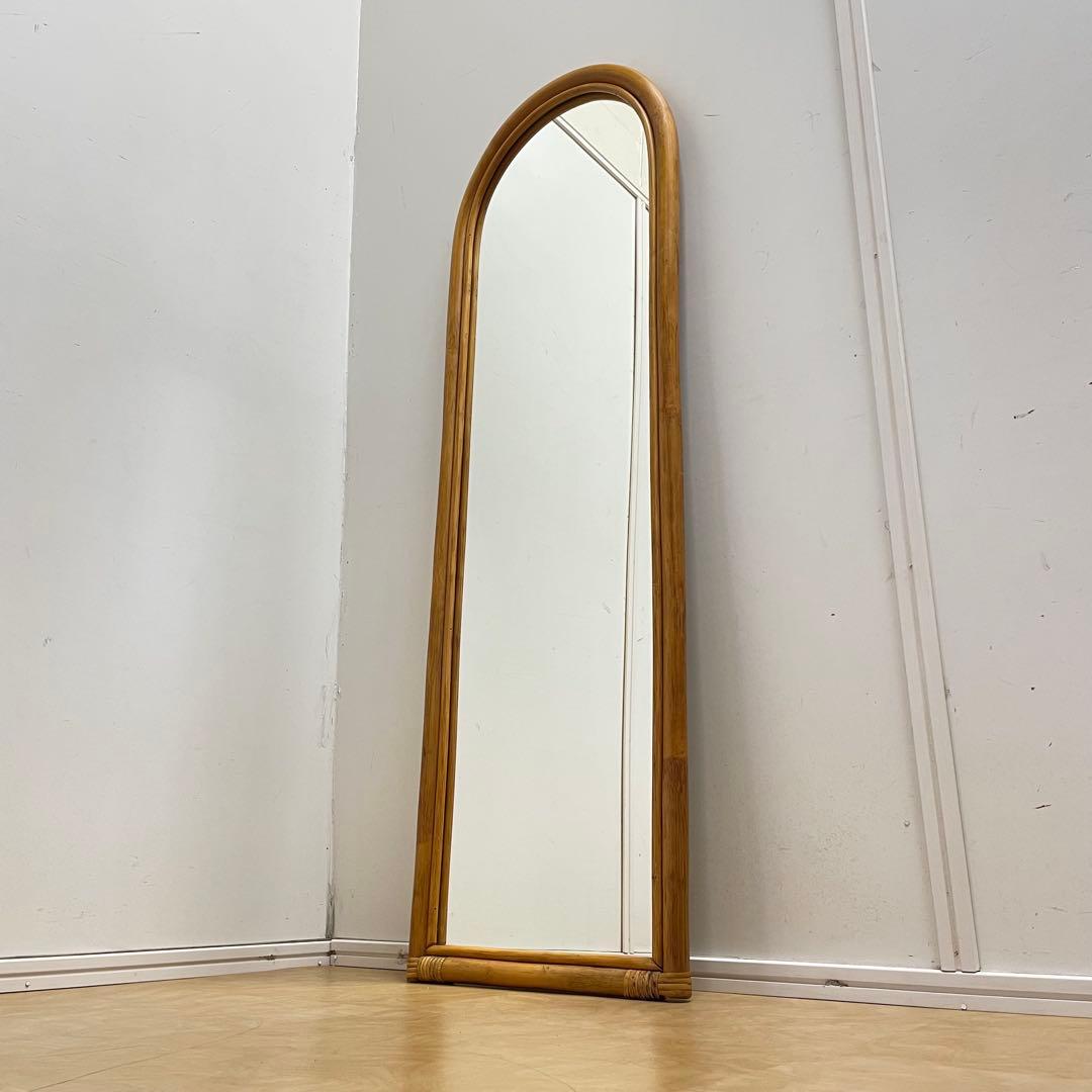 籐ラタン 大型ミラー 鏡 壁掛け アーチ型 全身 姿見 アンティーク ビンテージ