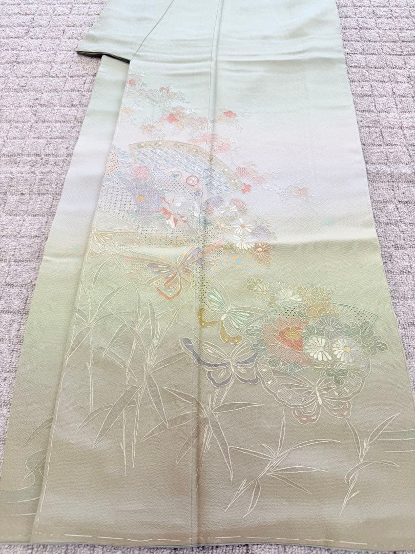 高級 訪問着 正絹 袷 汕頭刺繍 スワトウ 中国刺繍 グリーン 暈し染め