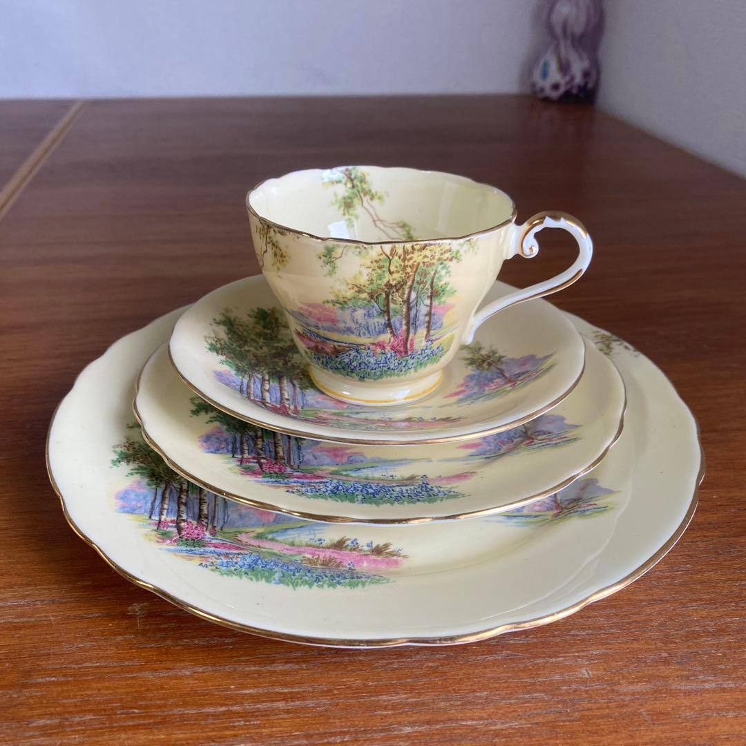 エインズレイ　ブルーベル　クリームイエロー　カルテットカップ　ソーサー　プレート