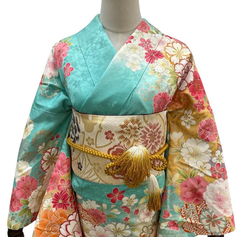 【美品】 振袖 単品 成人式 正絹 古典 振袖 水色 173 ●