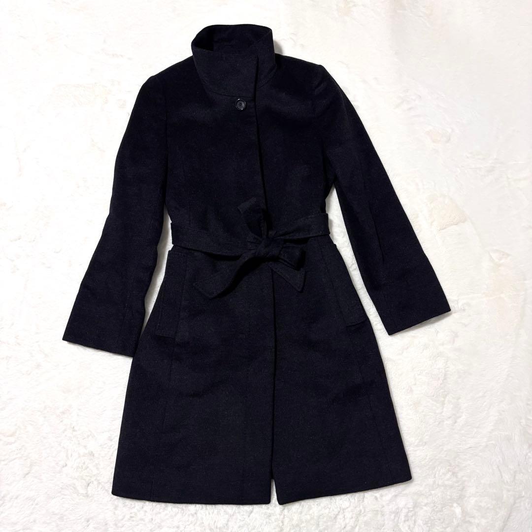 23区 ロングコート ウール アンゴラ ベルト Aライン 黒 40 ステンカラー