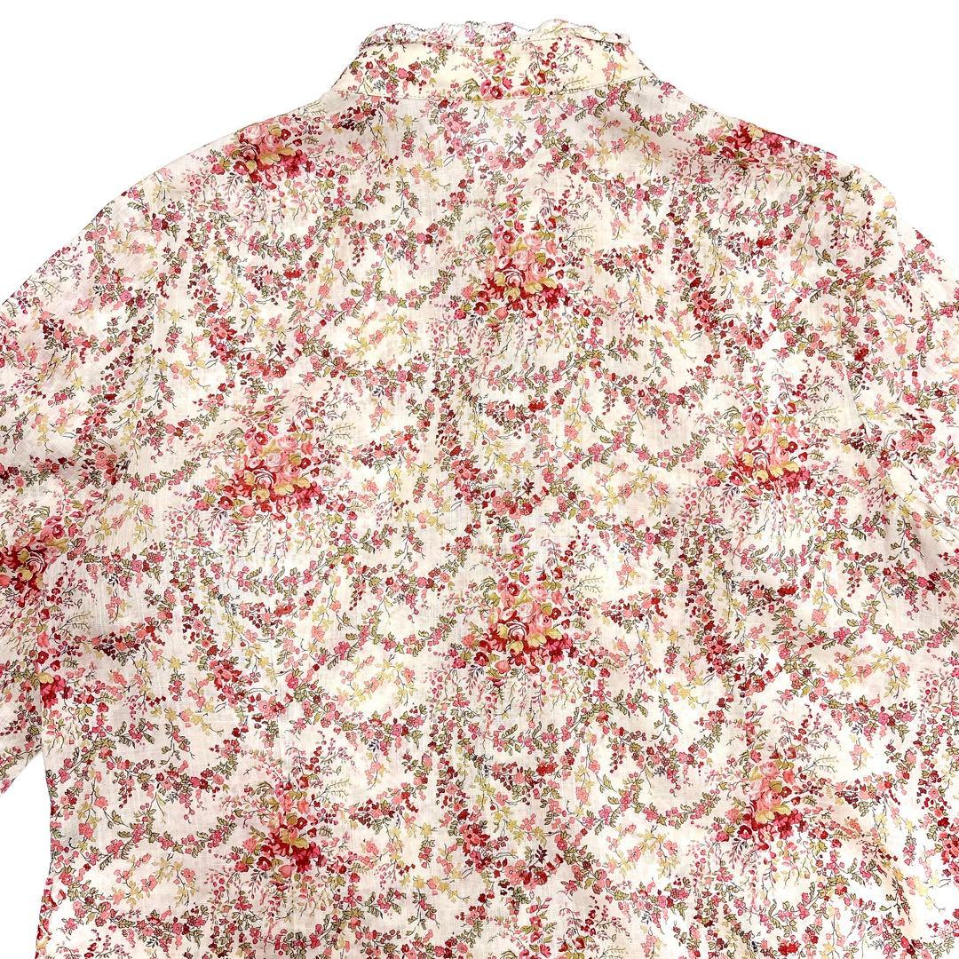 美品 Leilian レリアン コットンリネン 花柄 ピンタックブラウス 13＋