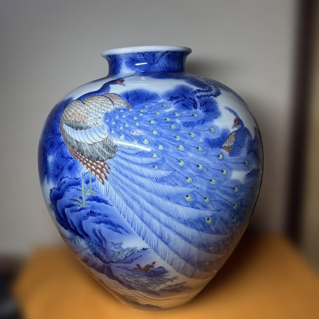 希少 美品 香蘭社 色絵孔雀山水文大花瓶　壺 34cm