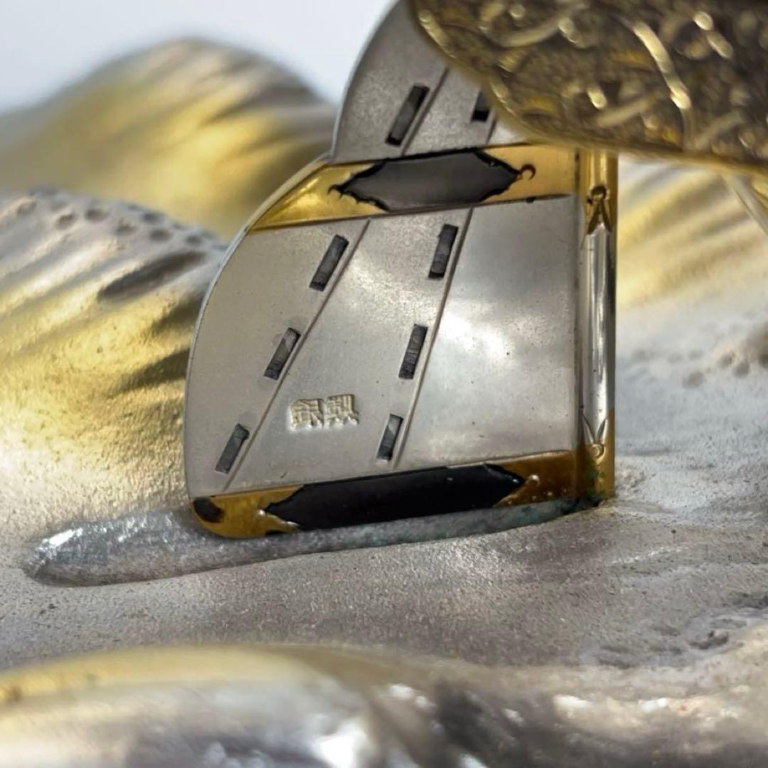 純銀製？ 宝船 置物 ガラスケース付 銀製刻印あり