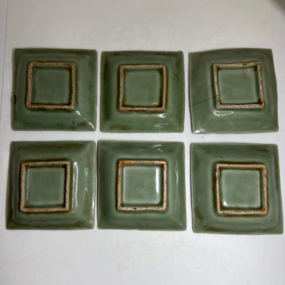 江戸後期　三田青磁鹿文角皿12枚　木箱付　東Y8-0122☆2Fトヒル