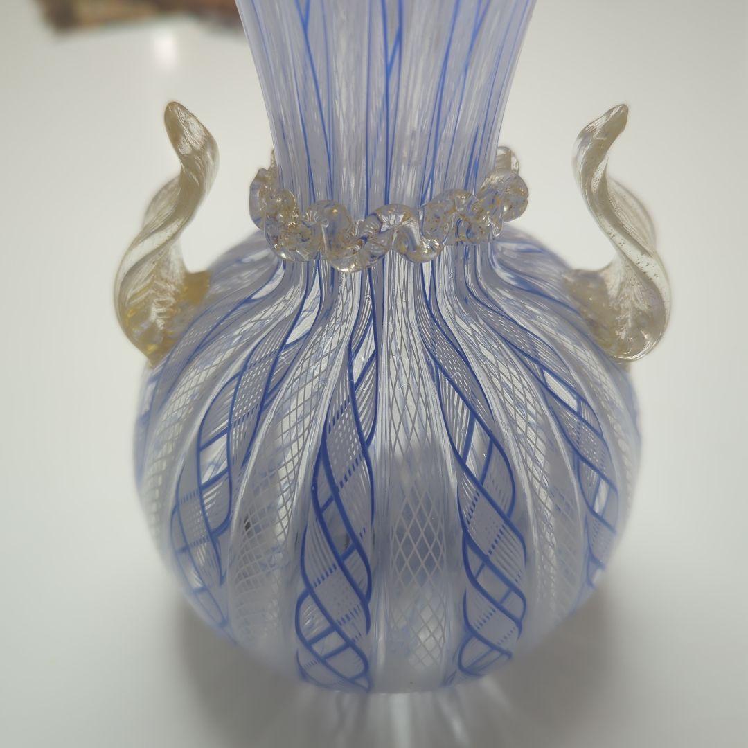 ガラス製花瓶 緑と青のストライプ　ベネチア製