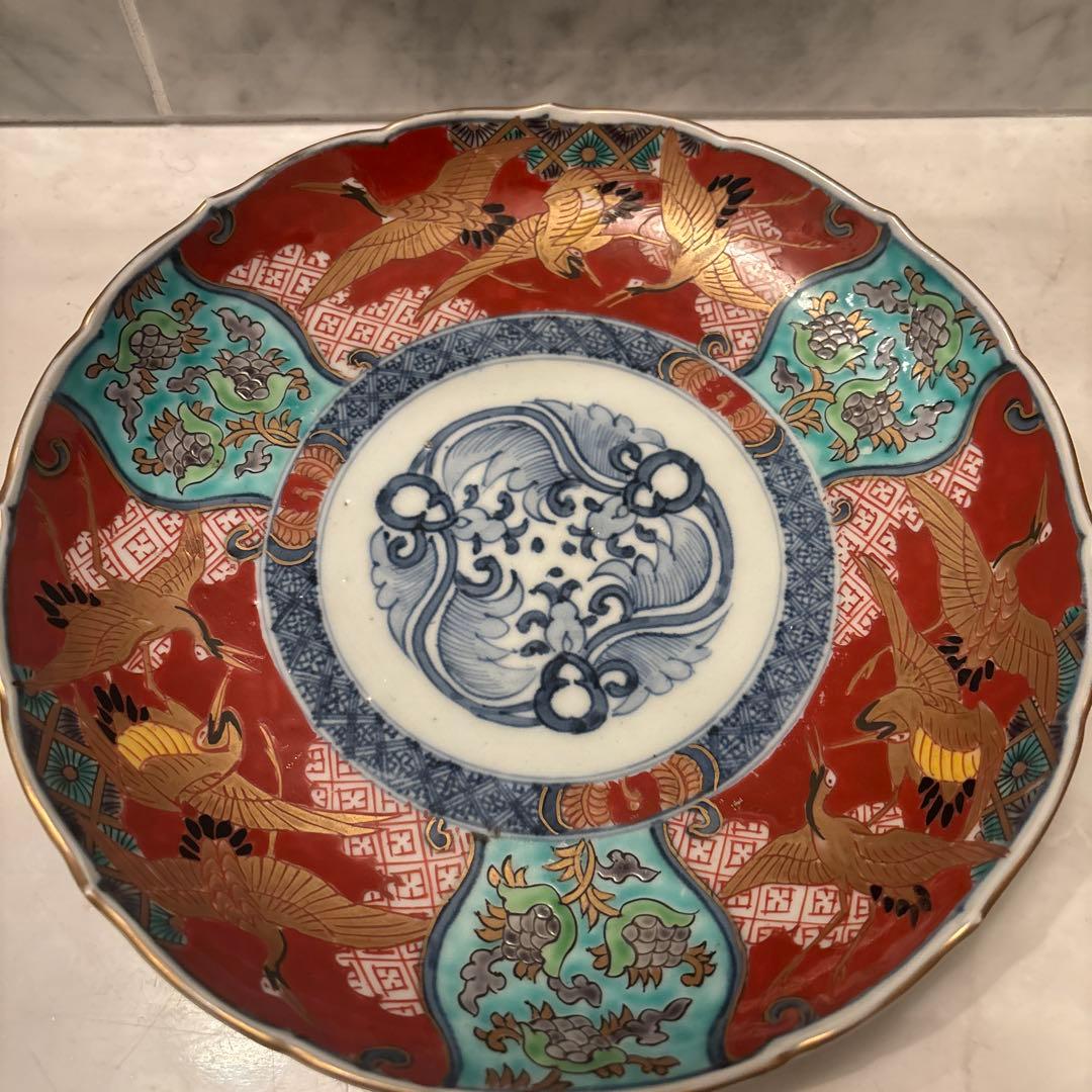 江戸後期 古伊万里 鶴やお花美しく金彩ふんだんの豪華絢爛な赤絵大皿23cm