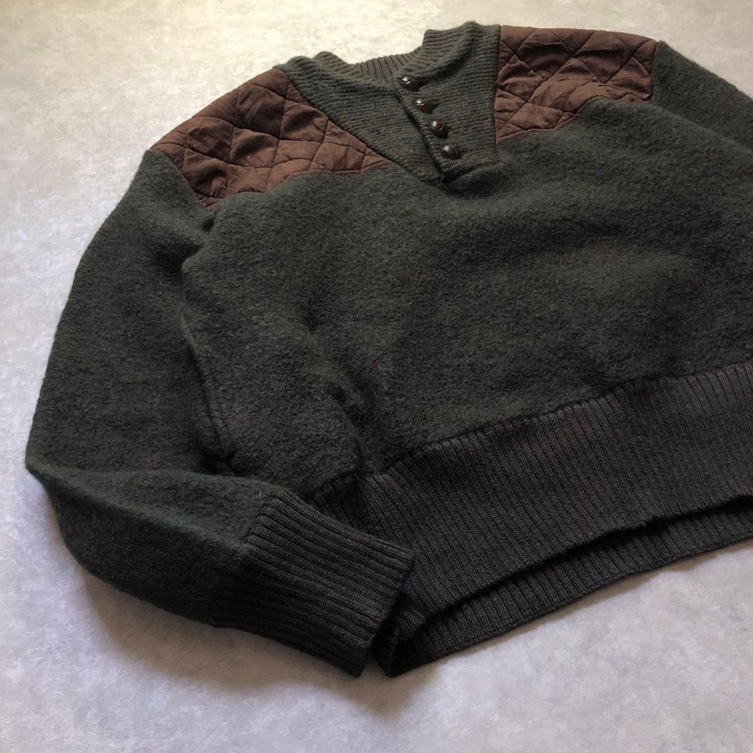 80sWoolrichウールリッチセーター ヘンリーネックパッチ付 緑 XL相当