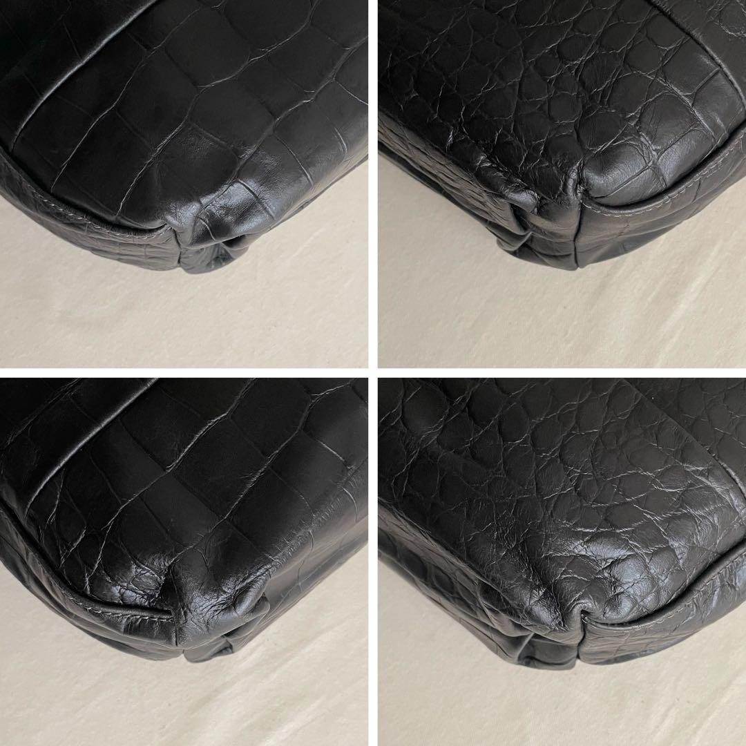 【美品】FURLA 2way ショルダーバッグ 黒 本革 クロコ型押 A4収納可