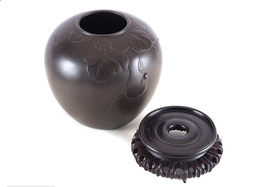 【海】一乗軒 大島 如雲 作 鋳銅 瓢蝸牛 彫刻 花瓶 唐木台付 共箱　本物保証