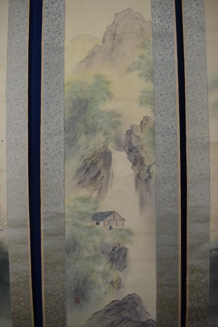 【真作】服部石仙/春夏秋山水図/三幅対/掛軸☆宝船☆Y-989　JM