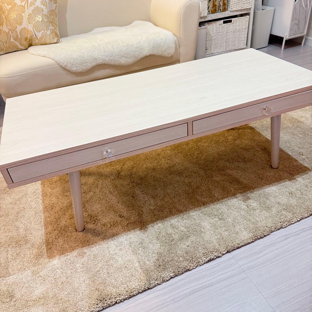 ホワイトウッド北欧風引き出し付きテーブル　ビジュー取っ手付き