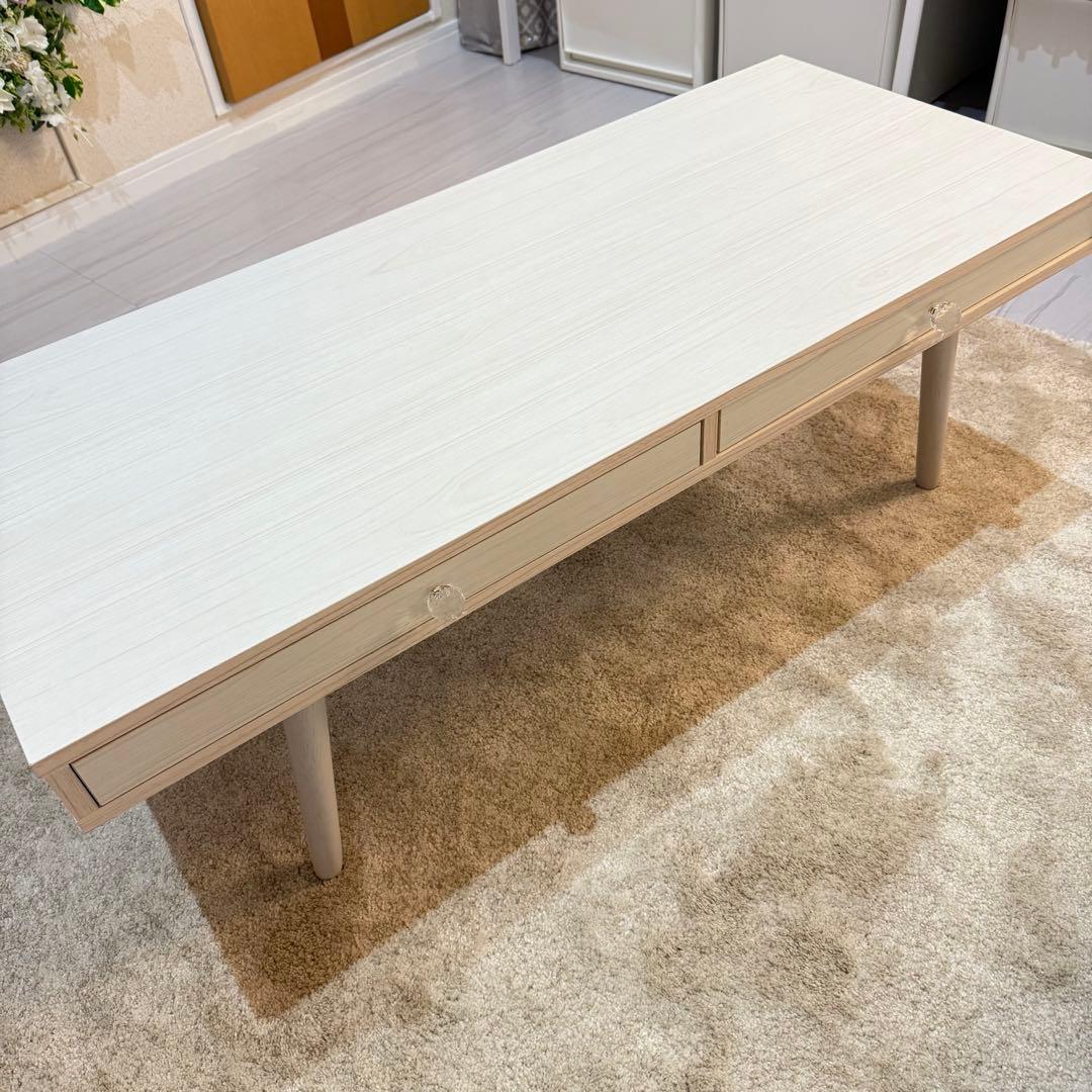 ホワイトウッド北欧風引き出し付きテーブル　ビジュー取っ手付き