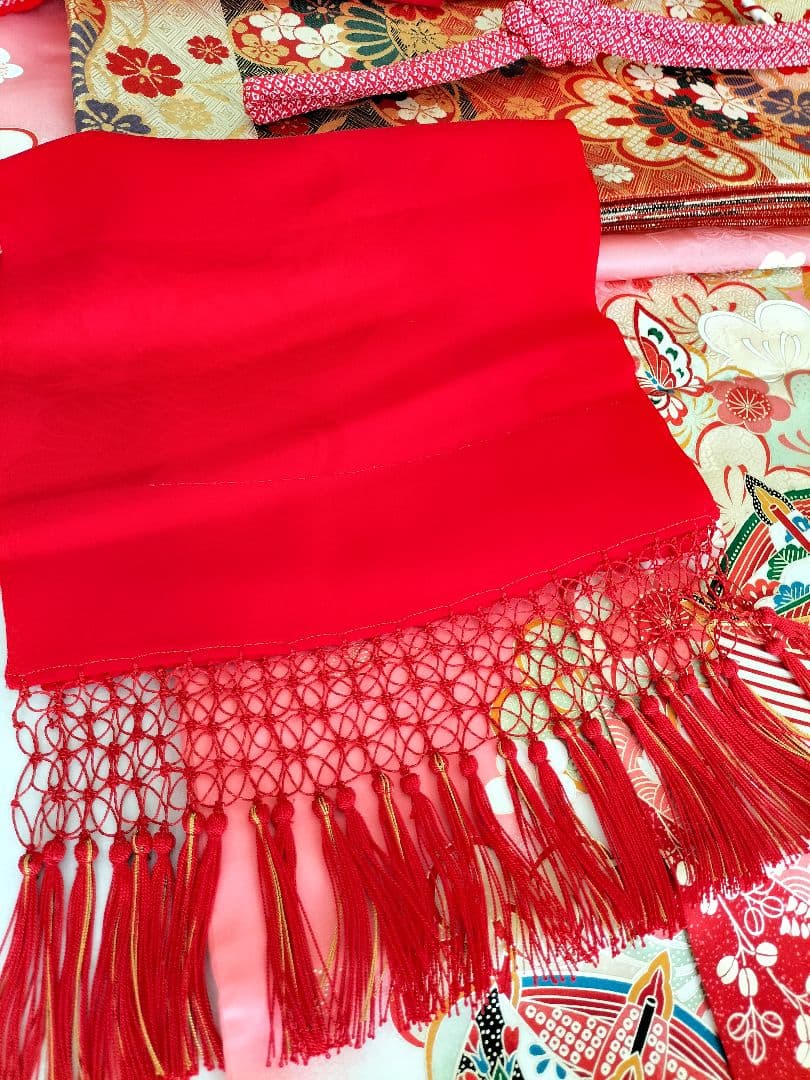 クリーニング済み　七五三　7歳　ハーフ成人式　着物　四つ身　ピンク　古典柄　糸車