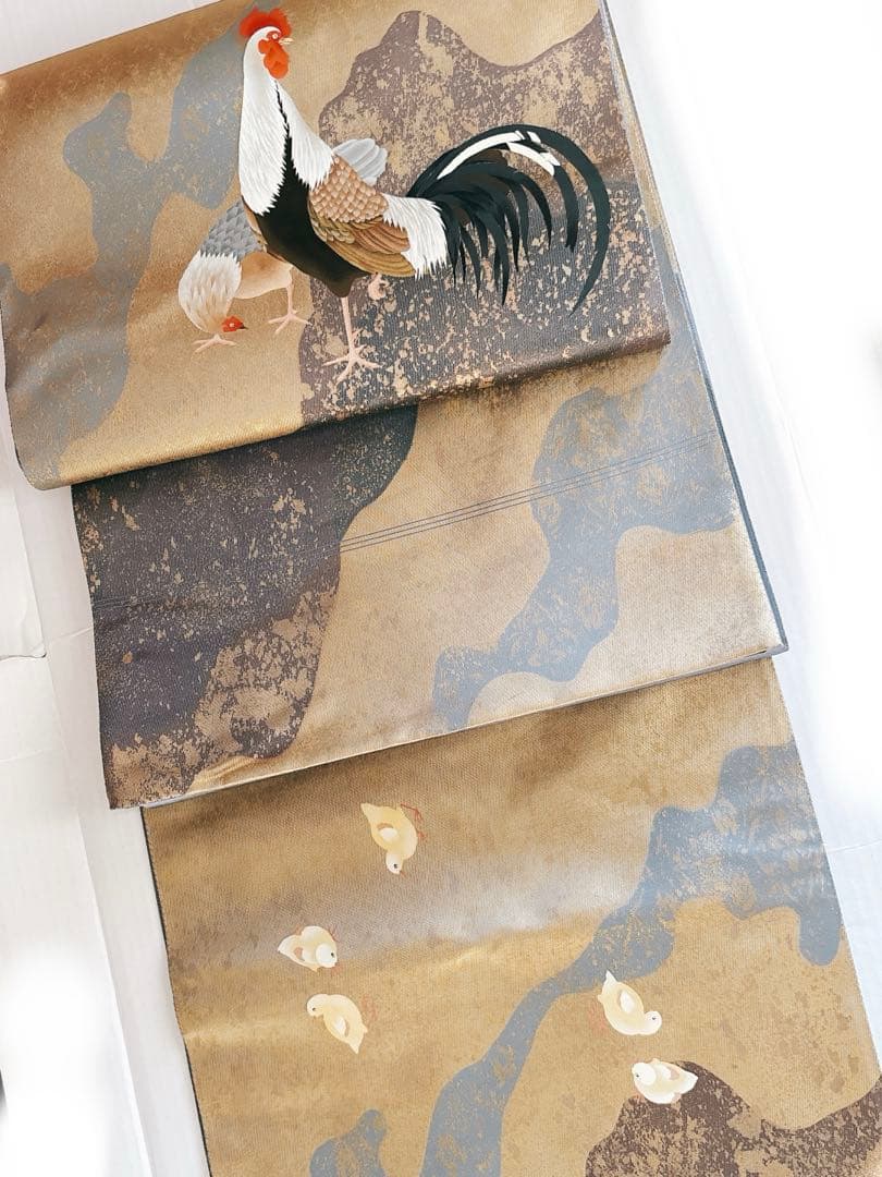 手描きの鶏ニワトリとひよこが可愛い箔の袋帯　六通　グレー灰色金箔銀箔