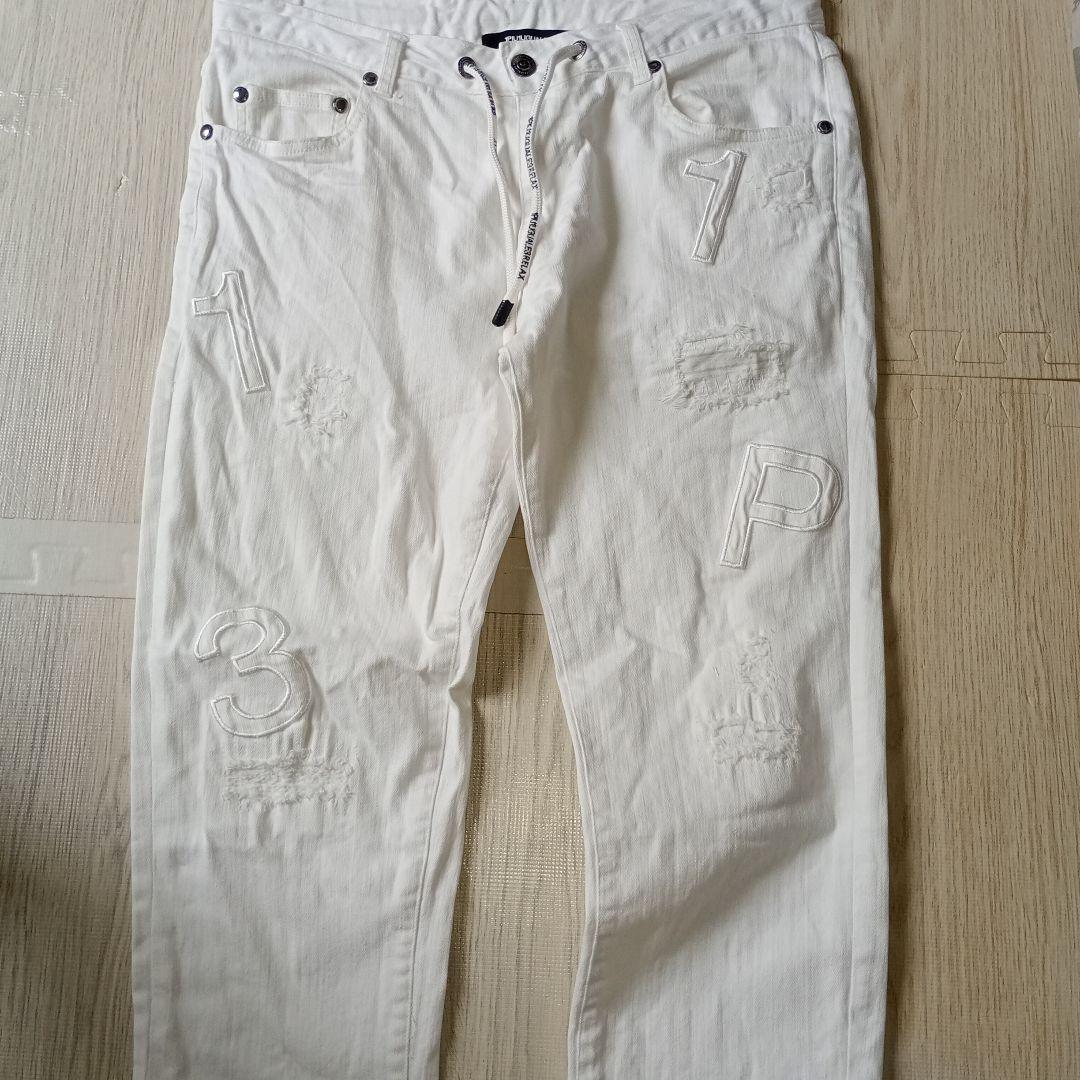 希少ホワイトスキニーデニム♪ウノピュー ダメージ加工♪刺繍ロゴ！ドローストリング