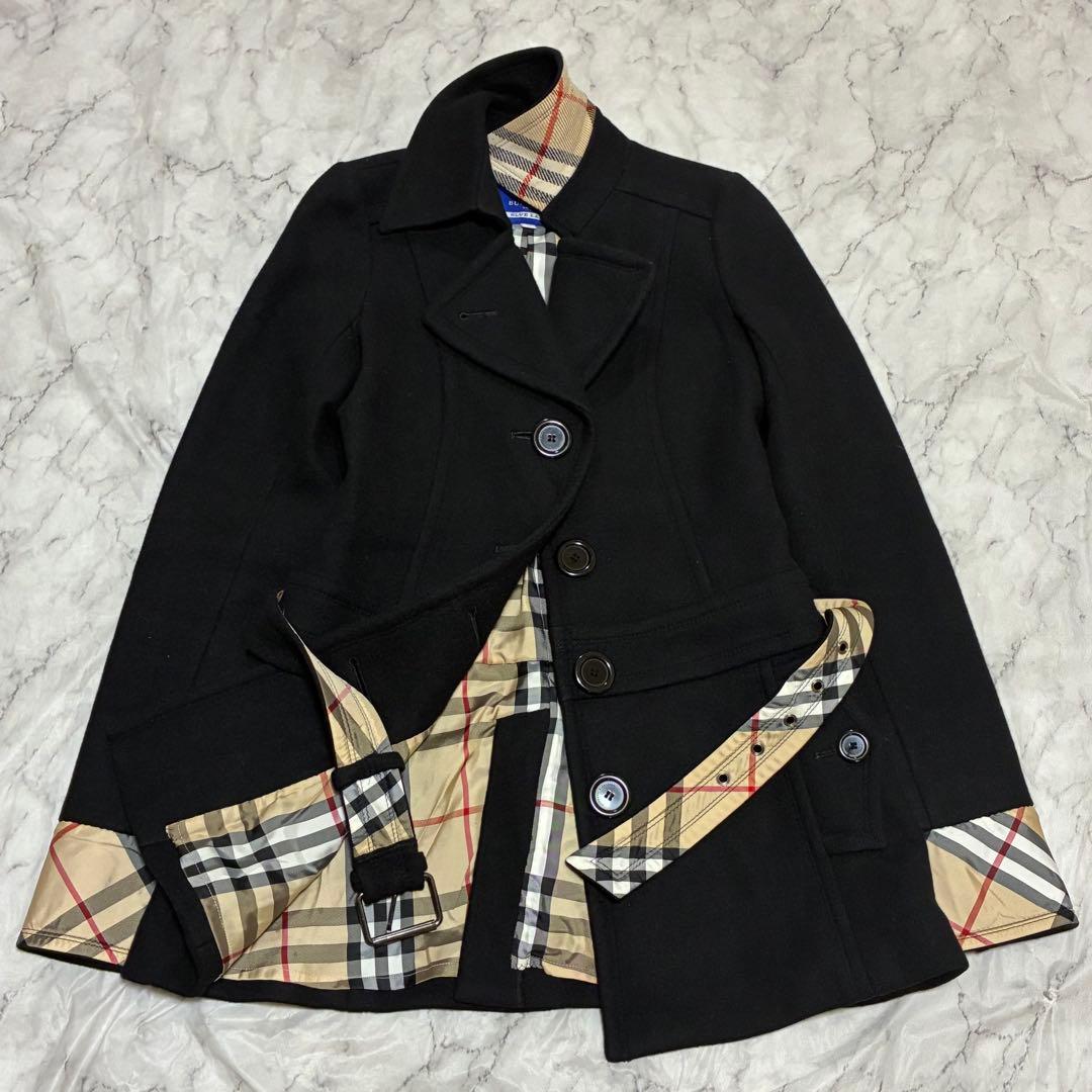 BURBERRY 美品 ノバチェック ベルト付 メルトン コート 黒 ブラック