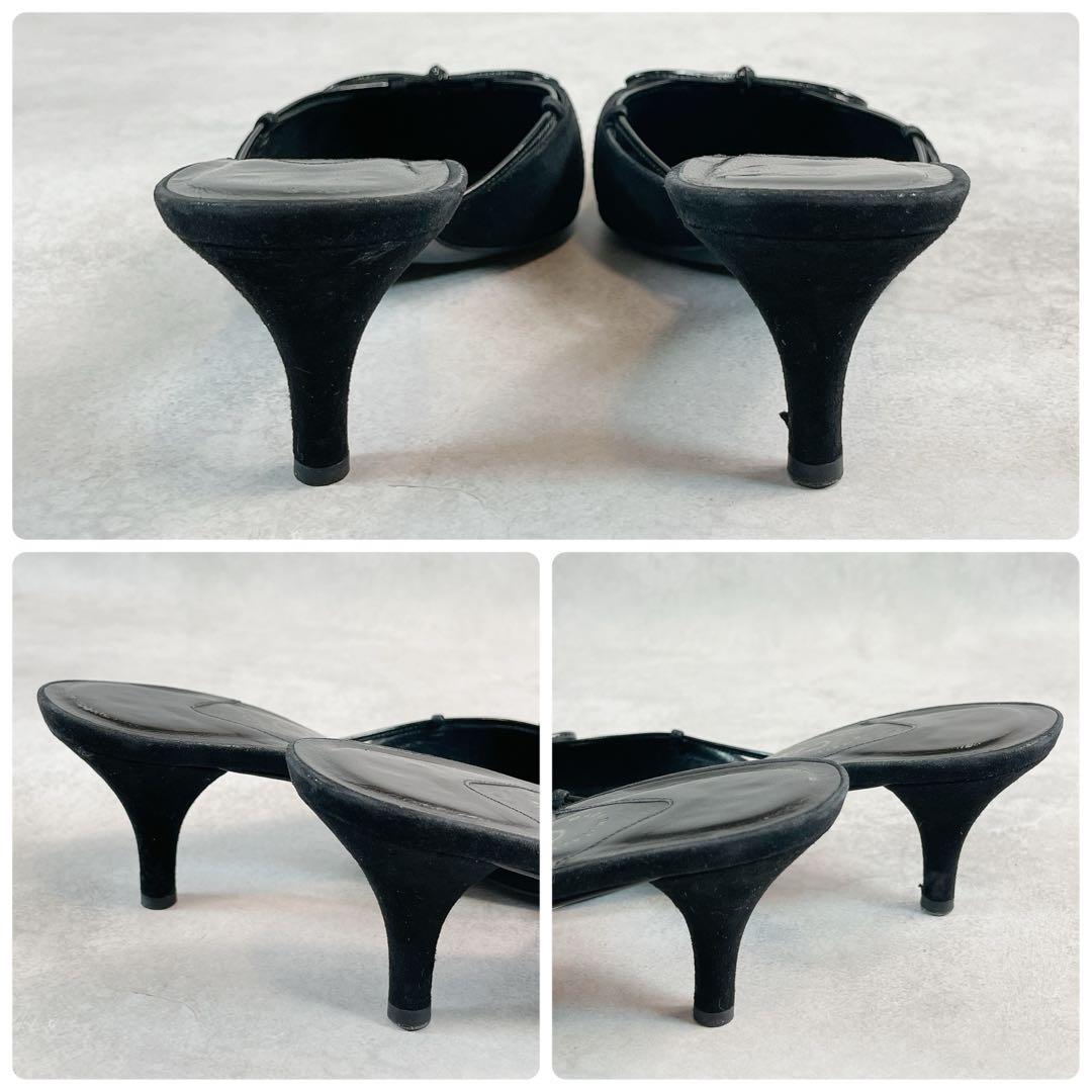 靴 Vintage Chanel Black suede bow mules