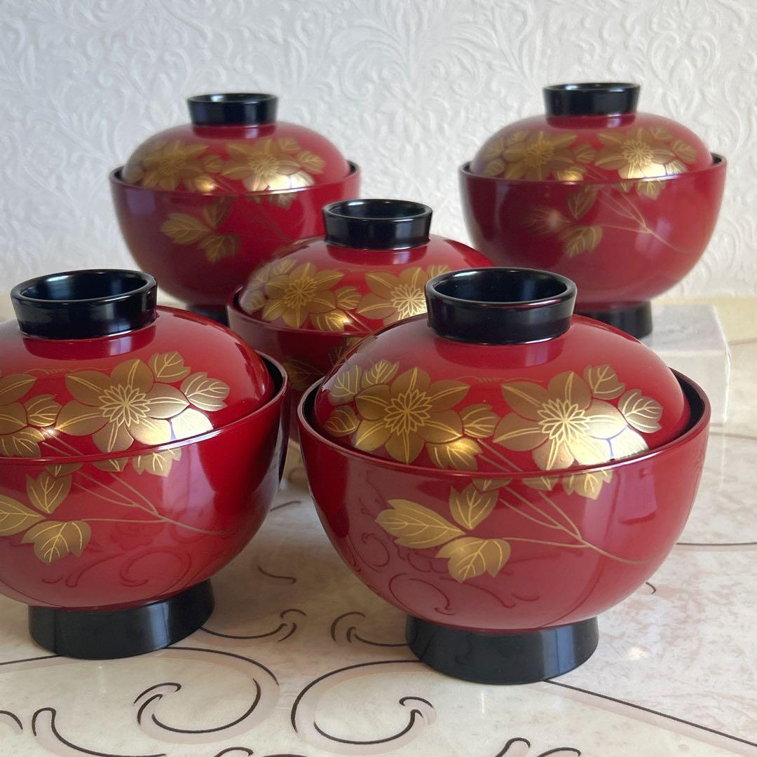 会津塗　乙造作　蓋付き御吸物椀揃　5客　金彩　蒔絵　汁椀　お吸物椀　朱塗　雑煮椀