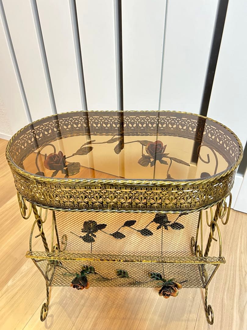 【値引き中】ガラス天板サイドテーブル アンティーク調マガジンラック 送料無料