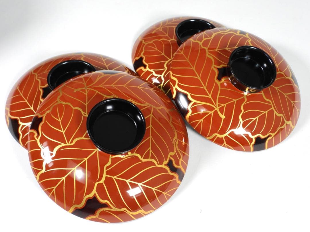 輪島塗　金彩蒔絵　柏葉尽蒔絵　木製　大煮物碗 吸物碗 四客