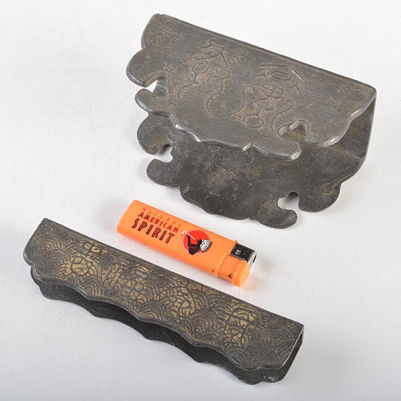 中国　古錫　漢詩刻　屏風鎮　大冠鎮一枚　小冠鎮五枚　時代箱二箱　M　R7224B