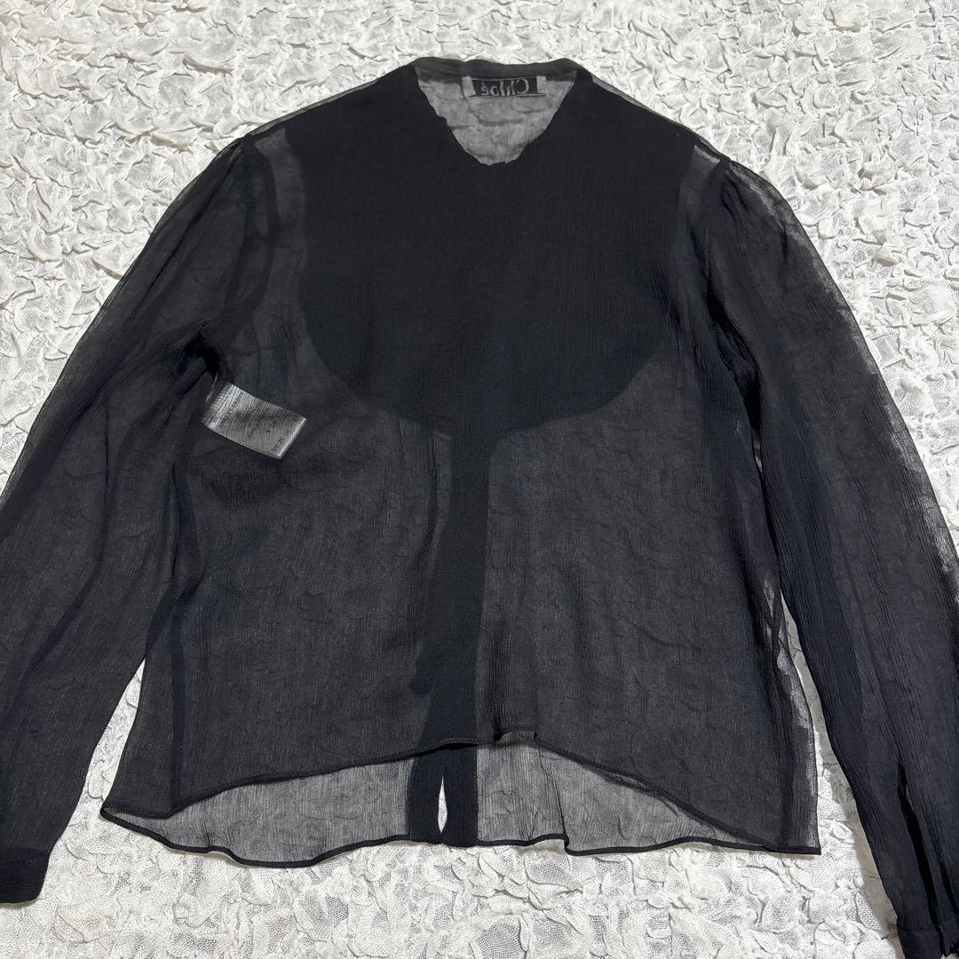 Chloe シルク100% シアー ブラウス　ビーズドット リボン　ボウタイ　黒