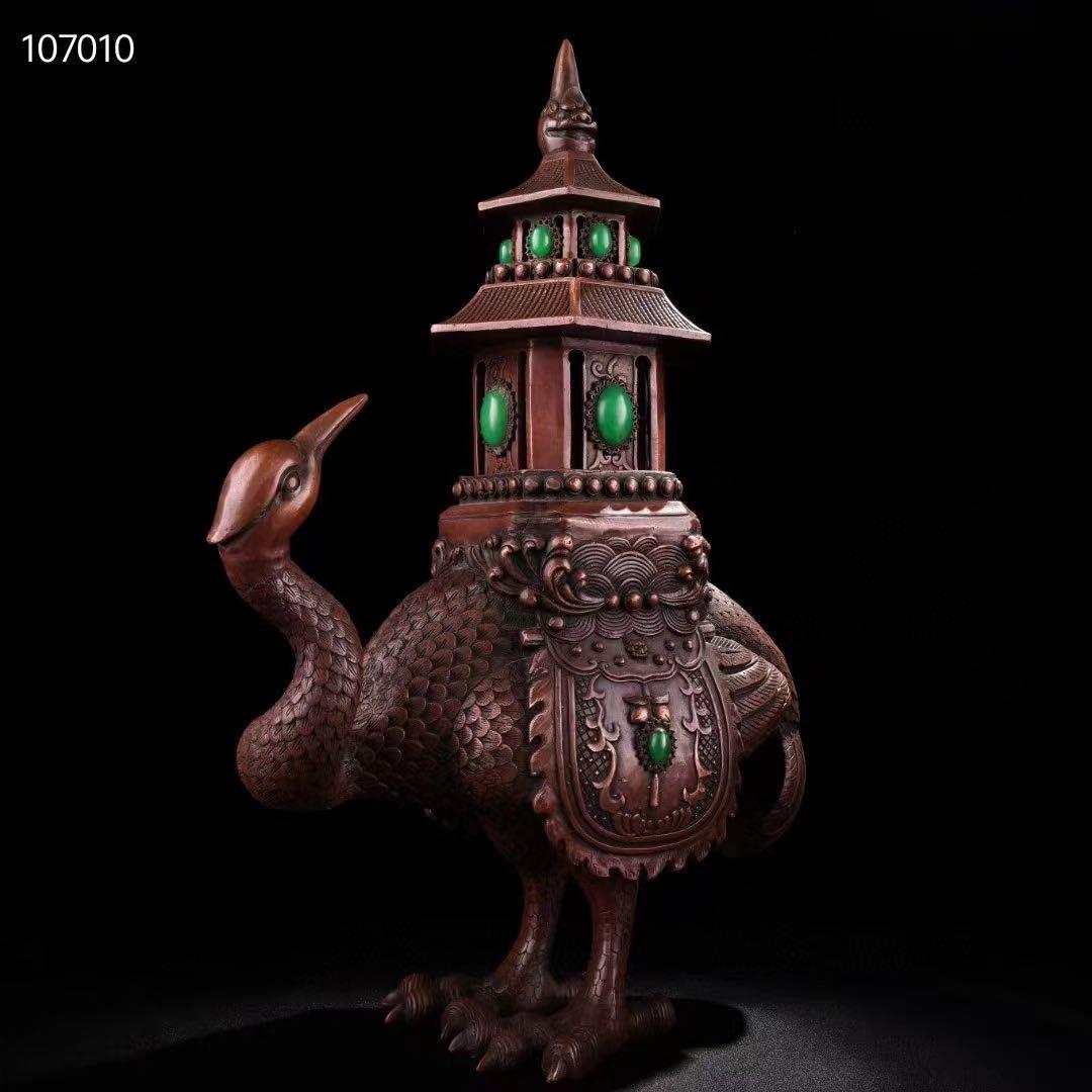 中国古美術・旧蔵純銅製ダチョウ塔型香炉・4.8kg・大器・文房具・置物・風水開運