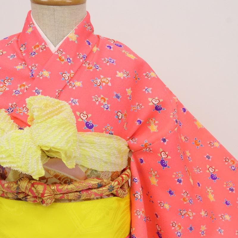 【七五三】5点セット＊3歳～女児 橘柄 ピンク 子供着物作り帯 化繊 9RM3