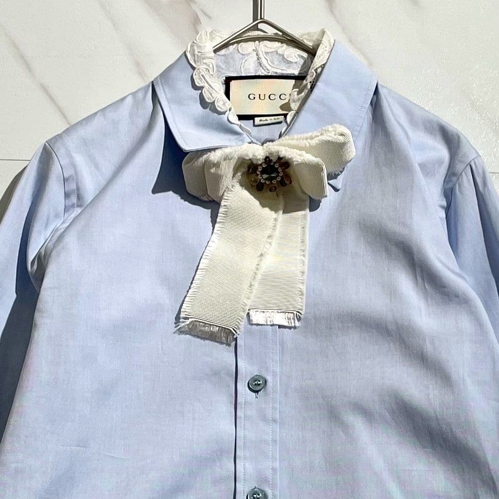 希少/リボンブローチ付き☆グッチ　長袖ブラウス　レース　38　イタリア製