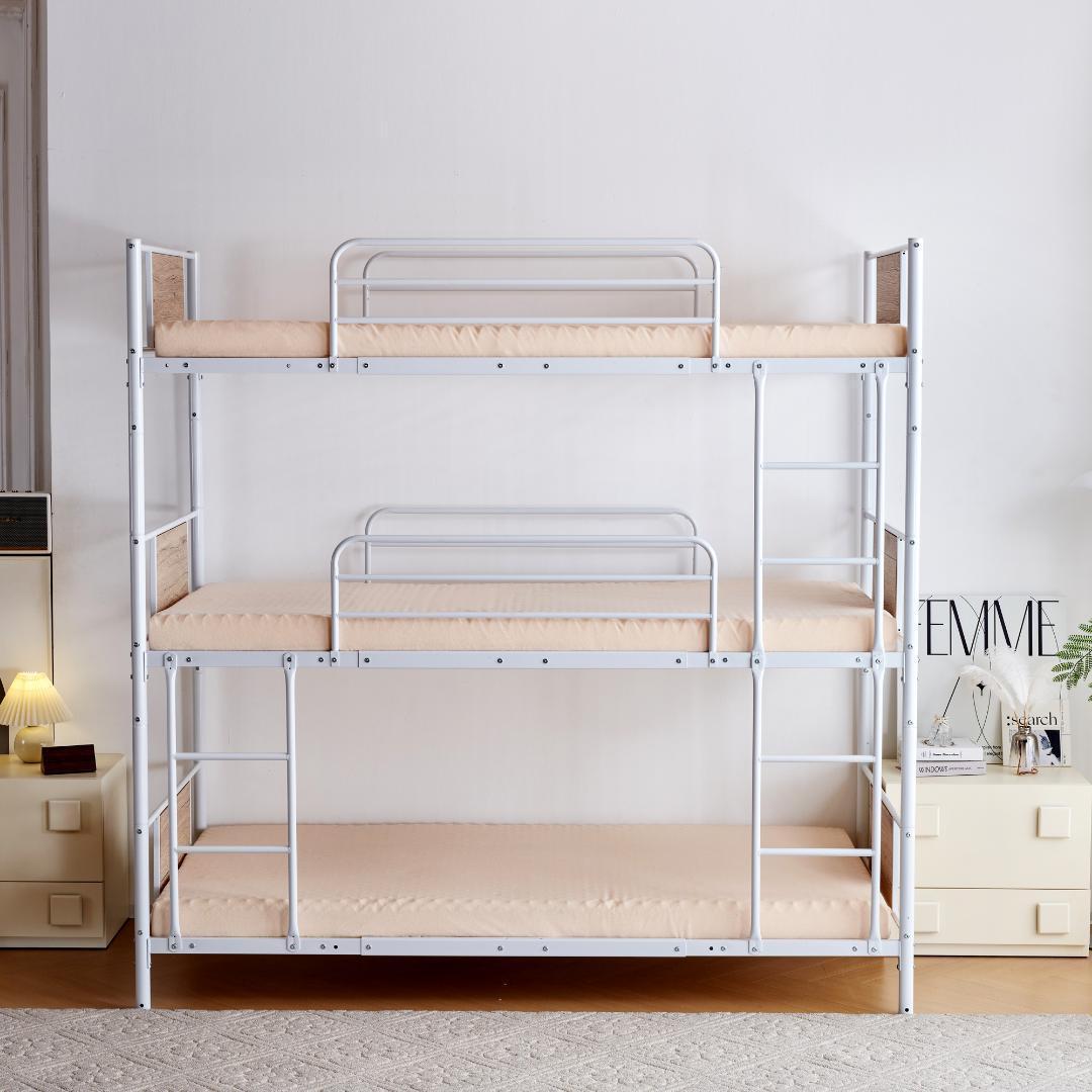 【ホワイト】三段ベッド パイプベッド分離可能スチールベッド　子供部屋スチール耐震
