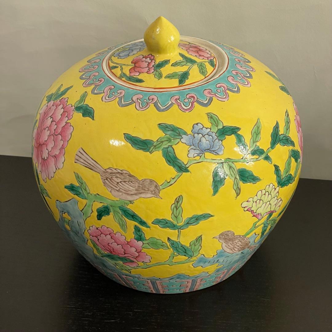 中国 西瓜罐 花と鳥の模様 蓋付き容器 花瓶 粉彩