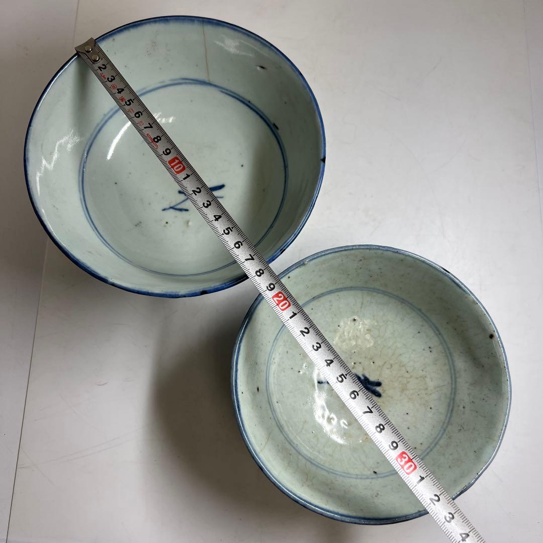 中国清朝時代　南京染付菓子鉢大小　木箱付　口径約17.8/15.5㎝