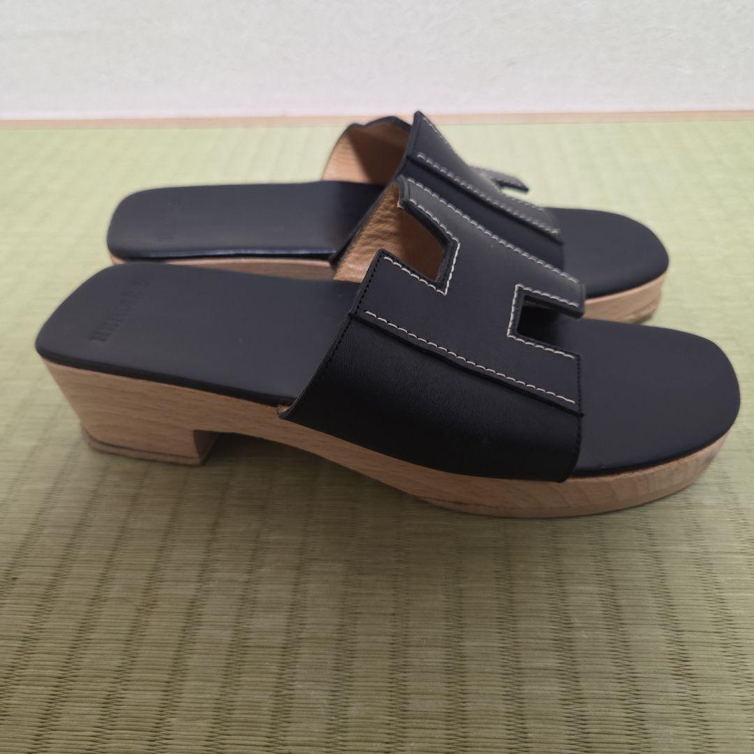 未使用近 エルメス ケブラール サンダル Hロゴ サイズ35 レザー 黒