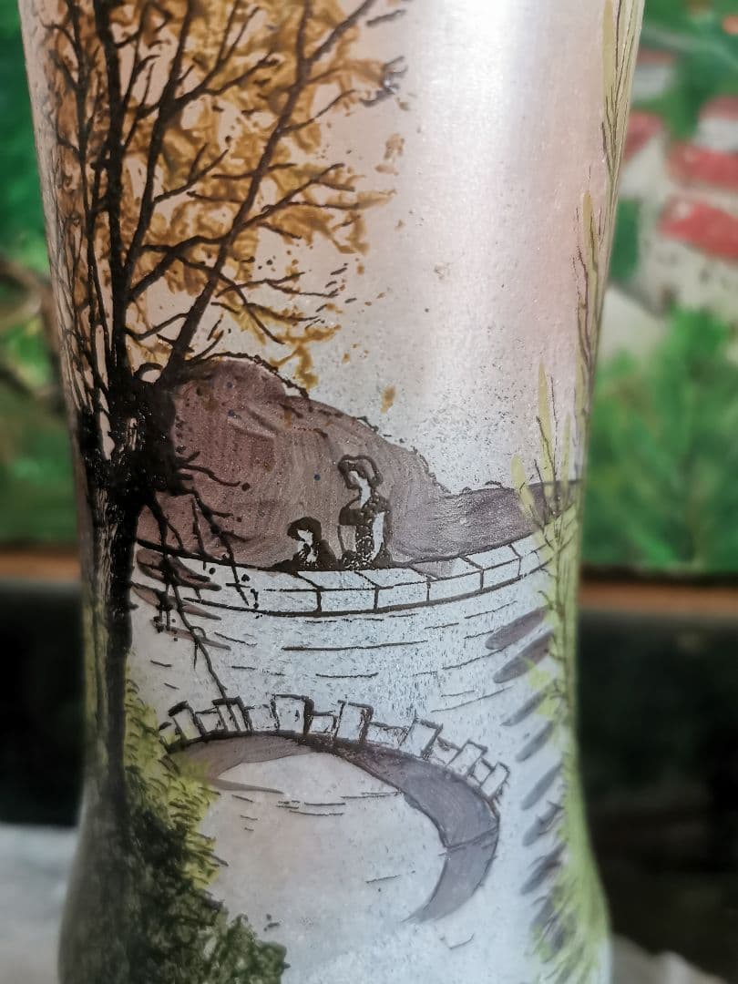 アンティーク ルグラ 橋上の母娘 ≒29㎝大型ガラス花瓶 アールヌーヴォー手描