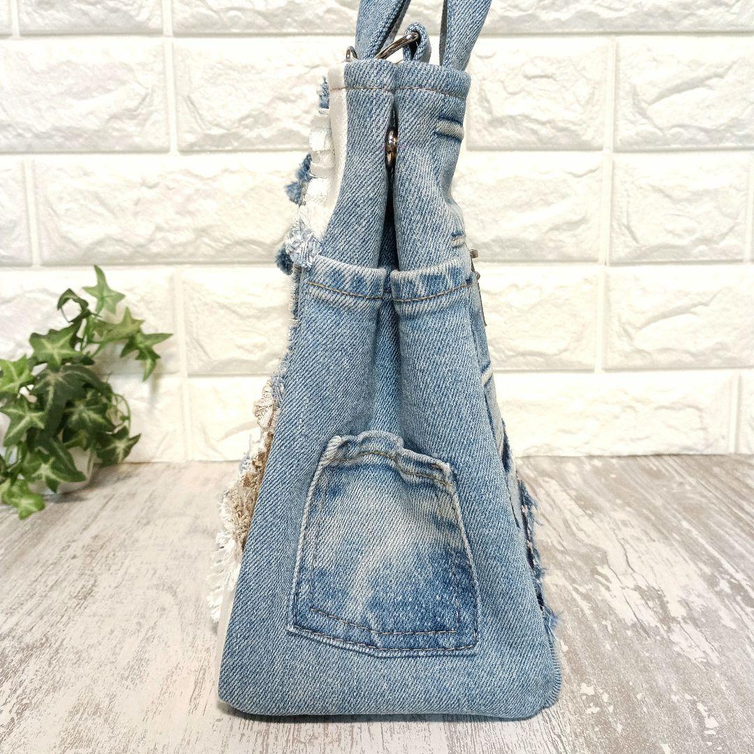 リメイクデニム★ヒョウ柄MIXフリンジトートバッグM＋ショルダーストラップ