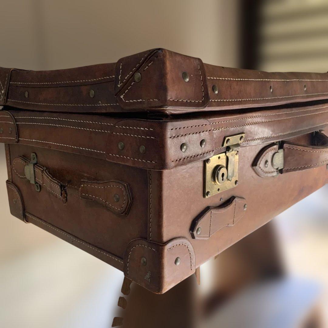 アンティークレザー本革トランク重厚収納ケースヴィンテージオブジェ昭和レトロ