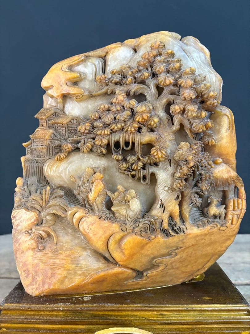 伝世蔵品　清国時代物　天然　寿山石 極細工彫刻　精緻な透かし彫りアンティーク逸品