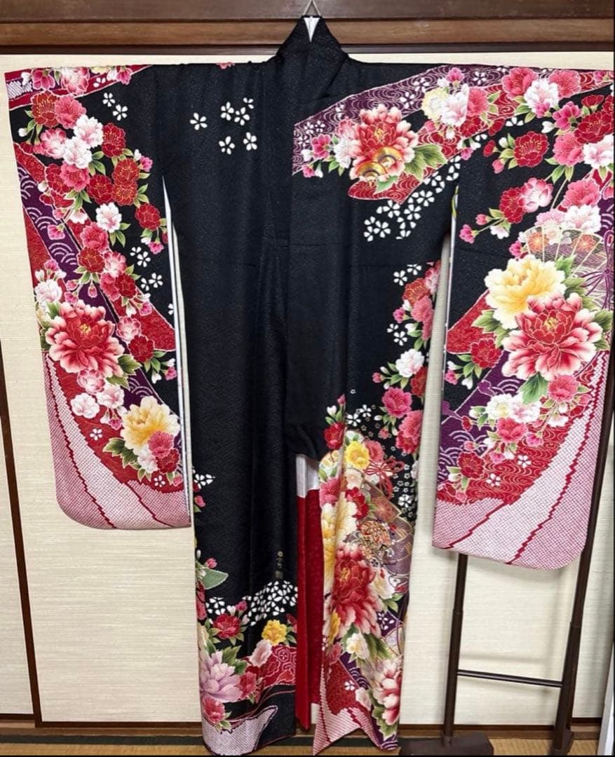 黒 熨斗 八重桜牡丹 振袖 身丈155