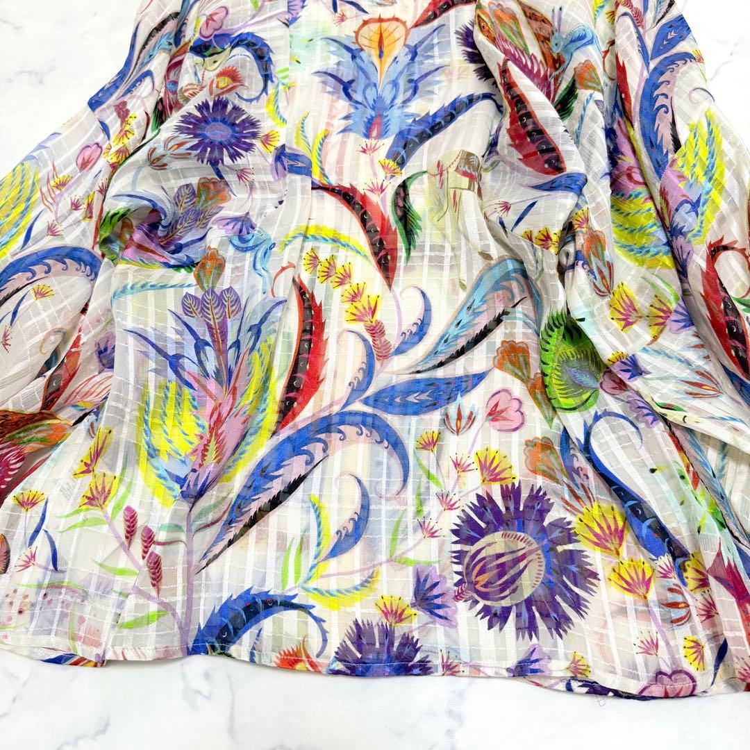 未使用級✨エトロ✨シルク　ボタニカル柄シアーブラウス（M）ビーズ　馬　お袖リボン