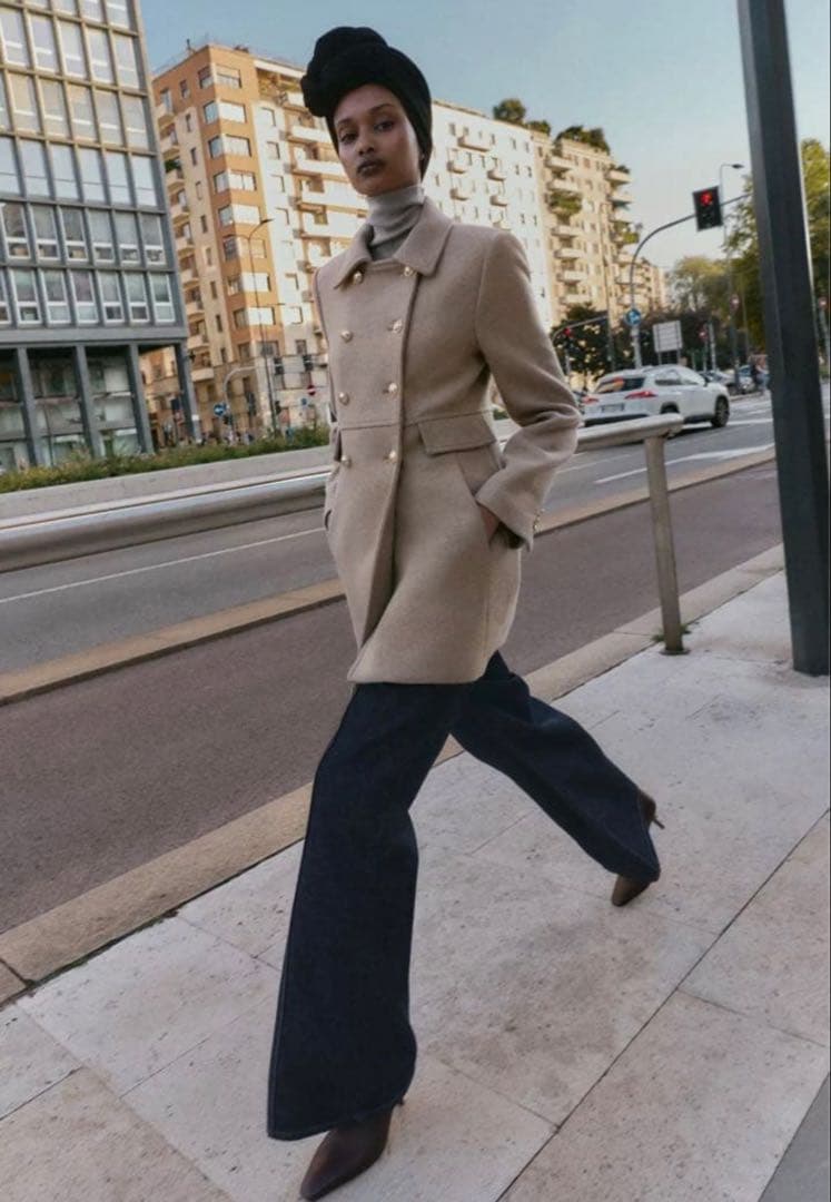 ZARA ウール混紡ショート丈ダブルブレストコート ライトミンク XS