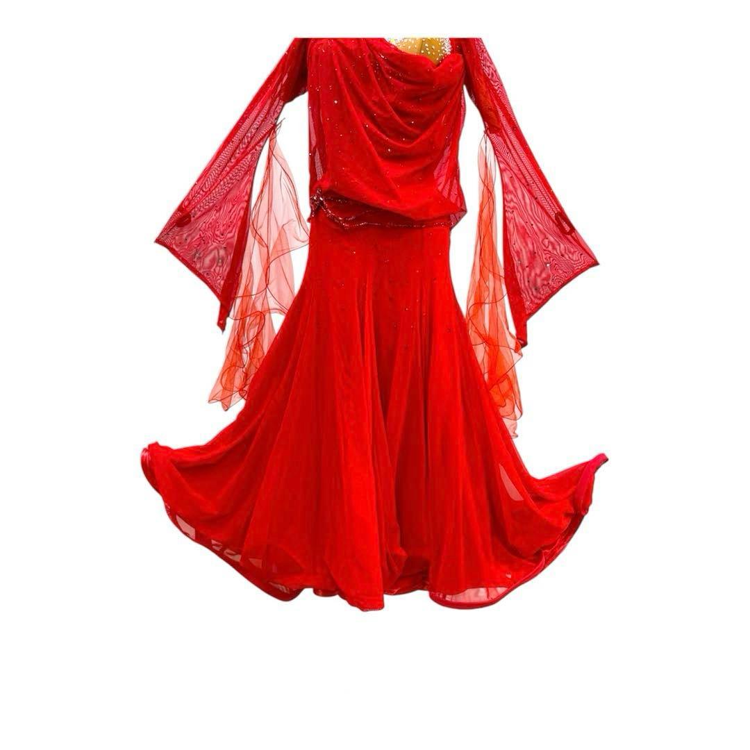 6312★M 赤 ドレープ スワロミックス スタンダードドレス 社交ダンス