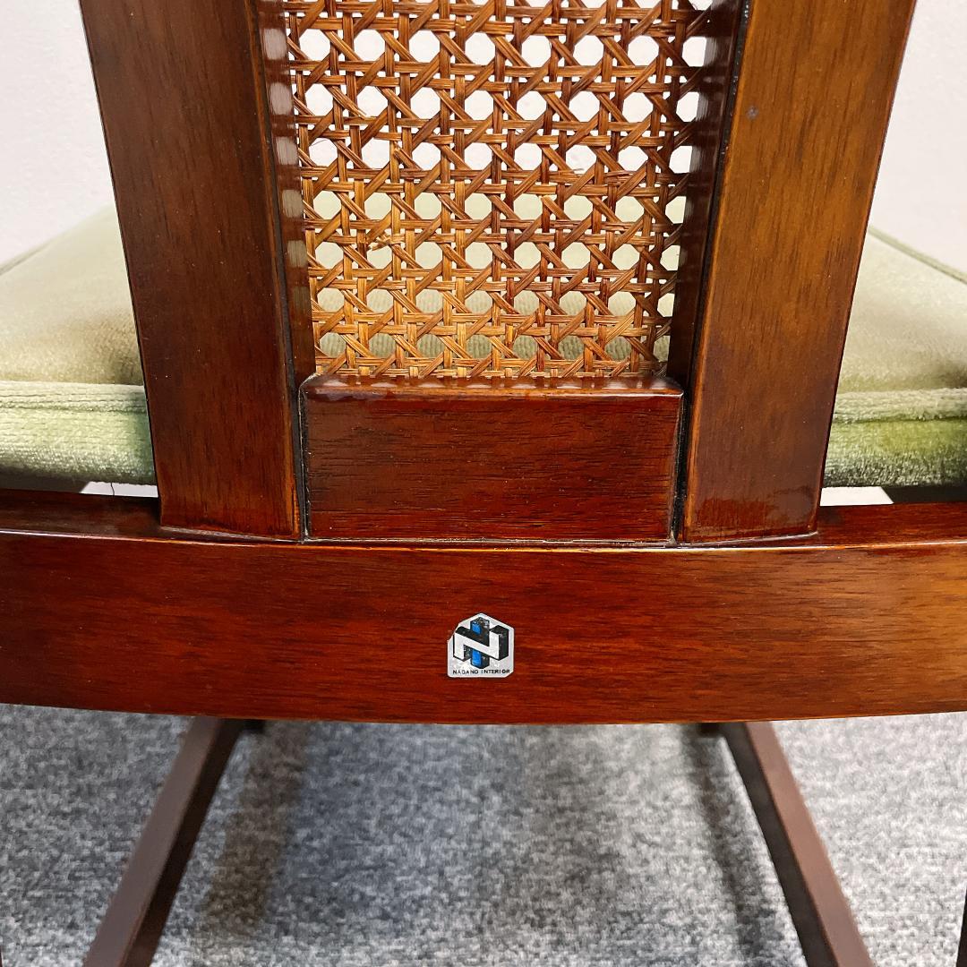 美品　ナガノインテリア ダイニングチェア ラタン 背もたれ モケット グリーン