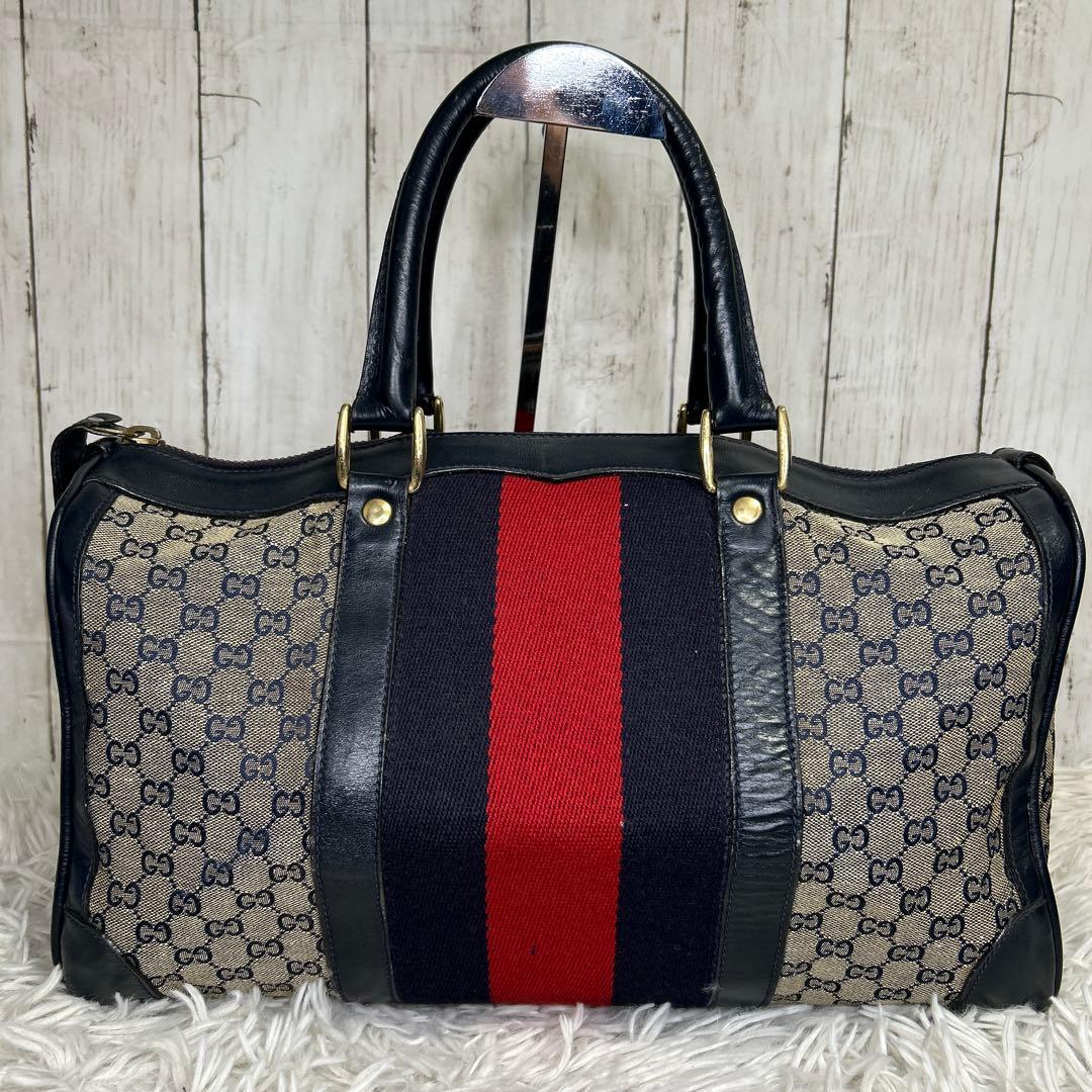 GUCCI GGキャンバス　シェリーライン　ボストンバッグ　ハンドバッグ　紺